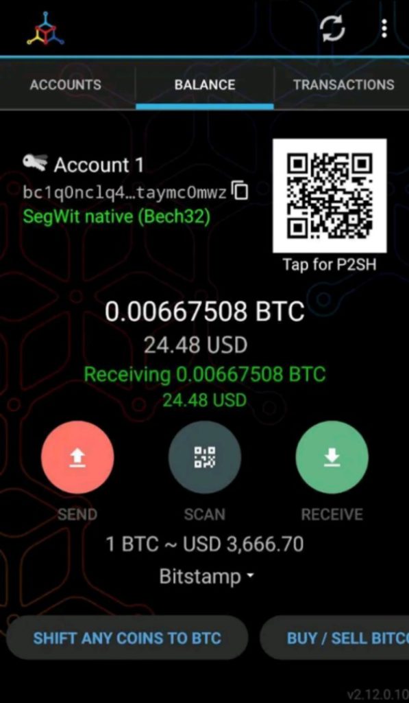 Rappresentazione della app Mycelium wallet con prezzi visualizzati in bitcoin e dollari americani.