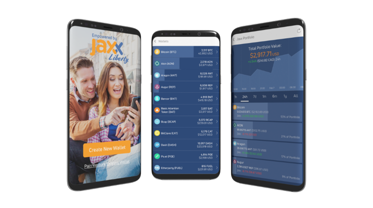 Rappresentazione della app Jaxx wallet. Tre diverse schermate sono presentate.