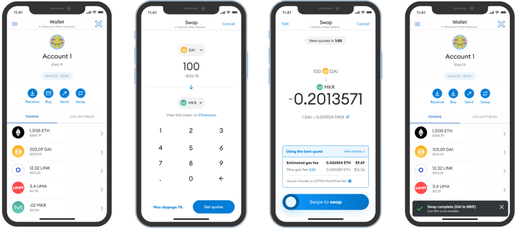 Rappresentazione della app MetaMask wallet. Quattro diverse schermate sono presentate.