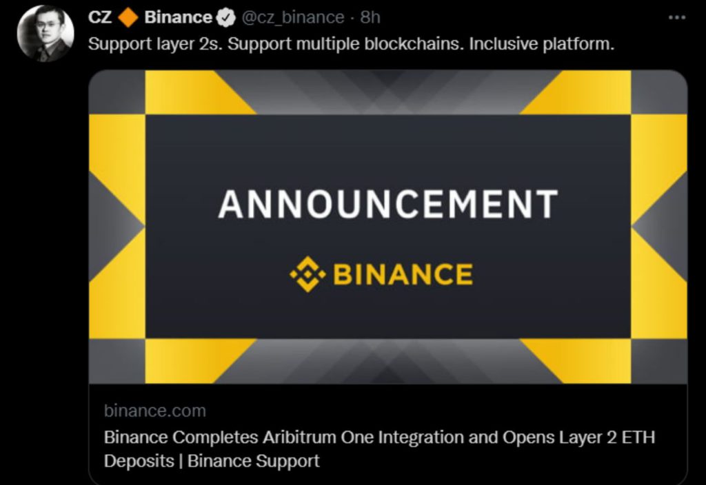 Binance completa l'integrazione di Arbitrum One